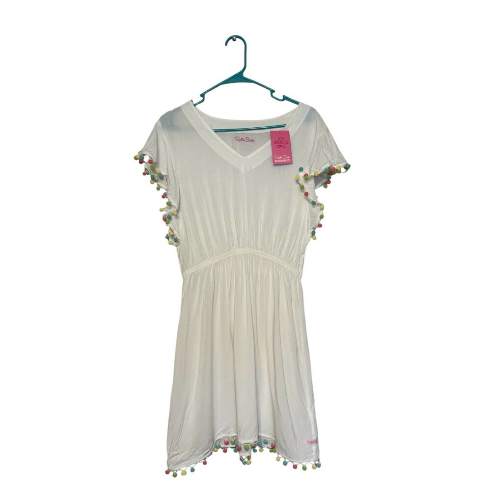 Ruffle Butts Women's Pom Pom Butterfly Cover Up White Small